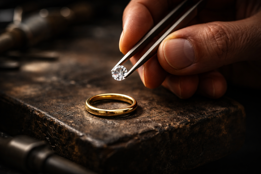 Stemningsfuldt, symbolsk billede til mission/values-sektion: en guldsmeds hænder, der nænsomt holder en løs diamant og en enkel ring over en mørk arbejdsflade.