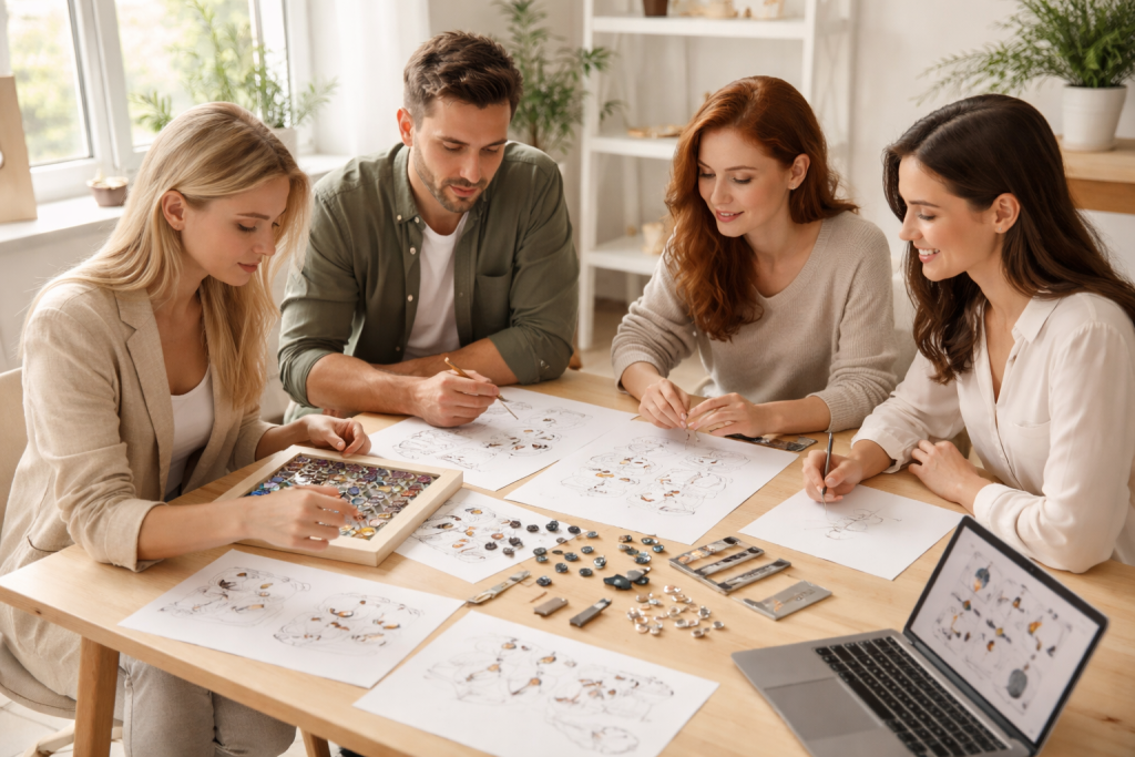 Billede til 'Om os' med et lille team af smykkeeksperter i et lyst, nordisk kontor, der kigger på smykker, materialer og moodboards sammen omkring et bord.
