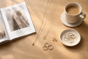 Standard blog-header med et stilrent stillben af forskellige smykker og et åbent magasin på et bord, der signalerer inspiration, trends og viden.