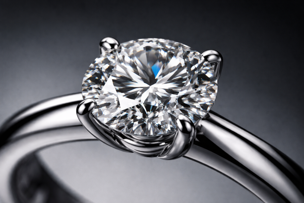 Ekstrem nærbillede af en facetslebet diamant og ringfatning, der viser detaljerne i slibning, refleksioner og metalarbejde.