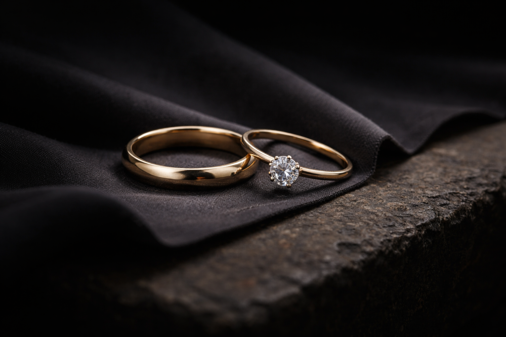 To elegante ringe præsenteret på en enkel, mørk stof- eller stenflade med romantisk, men stilren stemning.